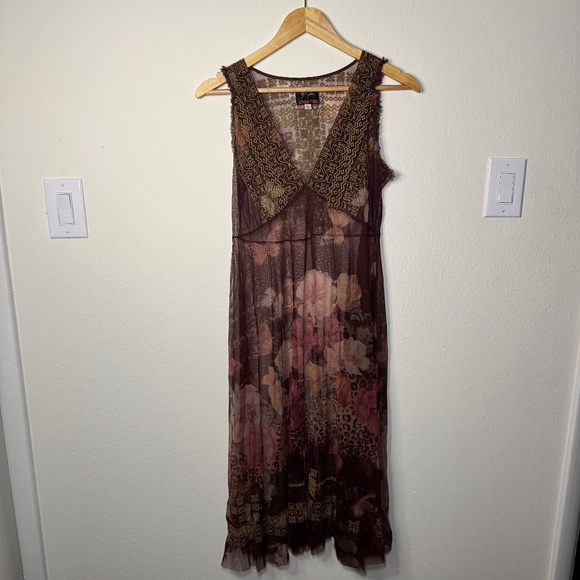 Johnny Was Biya Dress Women's XS Brown Multi Slip Sleeveless Sheer Boho Floral - Picture 1 of 6